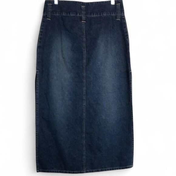 Vintage 90’s Dark wash Cotton Denim Maxi Skirt W/Double buttons & Side Slits. - Picture 5 of 8